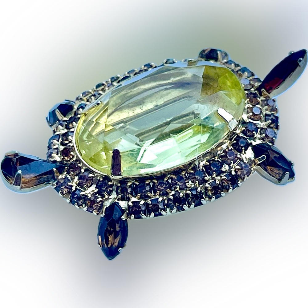 Verified ALICE CAVINESS Yellow Rootbeer Topaz Rhinestone Goldtone Turtle Brooch